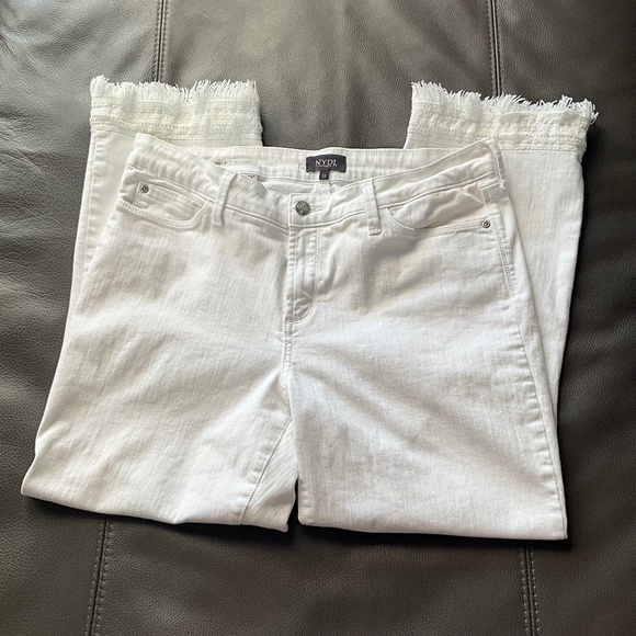 NYDJ BILLIE Ankle Boot Jeans Lace Fringe Hippie Boho Stretch LiftxTuck White 12 - Picture 3 of 8